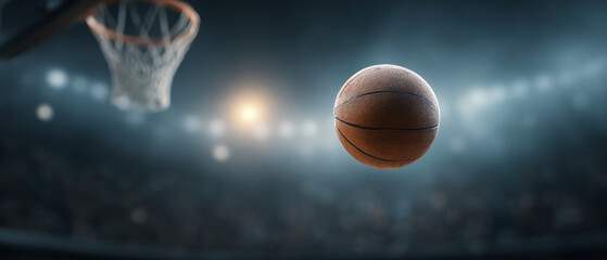 Intense basketball scoring shot flying near hoop rim inside dark arena. dramatic, soft focus on ball during professional game