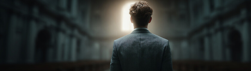 Pensive suited man walks in dark, grand hall toward bright, mysterious light. cinematic political journey of solitary figure