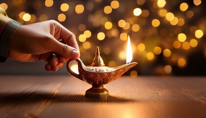 a hand lights a traditional oil lamp against a backdrop of glowing fairy lights symbolizing hope and celebration