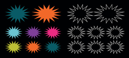 Vibrant Colorful Starburst Sticker Collection – Dynamic Price Tags, Bold Sale Labels, Eye-Catching Discount Badges, and Sunburst Circle Shape Vectors for Promotional Designs in Black