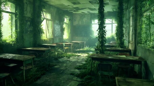 Destroyed ruins abandoned buildings apocalypse scene of city. A vivid portrayal of a dilapidated classroom, bathed in a lush, green ambiance. The room is adorned with ivycovered walls.