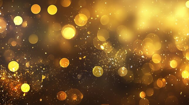 Golden abstract glittery background with bokeh, shiny golden light and sparkle effects, exuding luxury for festive cards, party invitations, celebrations or elegant event designs with radiant shimmer.