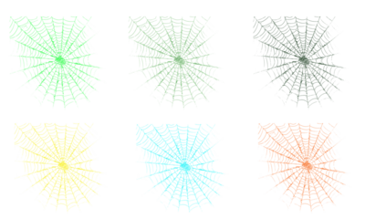 Colorful spider web collection: green, yellow, cyan, and orange