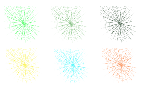 Colorful spider web collection: green, yellow, cyan, and orange