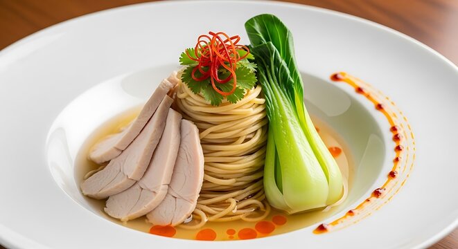 Gourmet Asian chicken noodle soup with bok choy and chili.