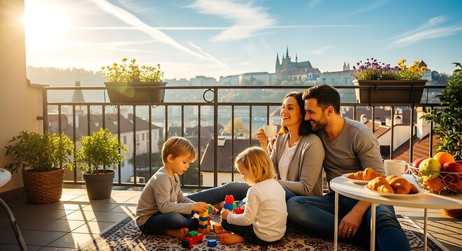 Happy family enjoying breakfast on a sunny balcony overlooking a city.