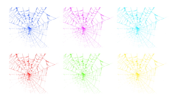 Vibrant multicolored spider web collection on a clean background