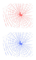 Striking red and blue spider webs, intricate graphic patterns