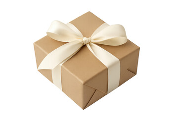 Brown gift box with cream ribbon on transparent background