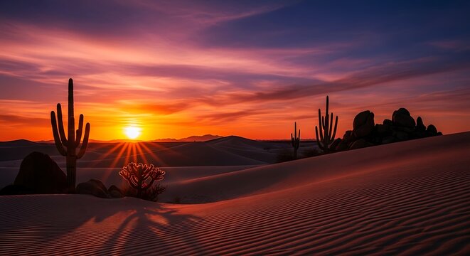 Spectacular desert sunset with saguaro cacti silhouetted against a vibrant sky.