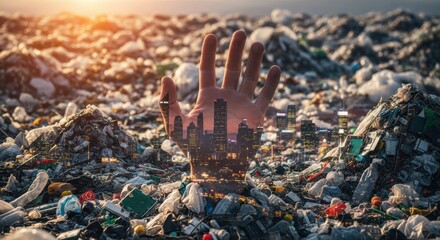 Obraz premium Desolate landscape shows a massive hand emerging from a sprawling junkyard grimly reaching toward the horizon conveying a sense urgency and environmental concern