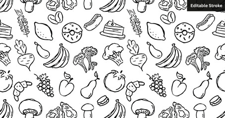 Hand-drawn food doodle seamless pattern. Sketch illustration background of fruits, vegetables, and dessert.