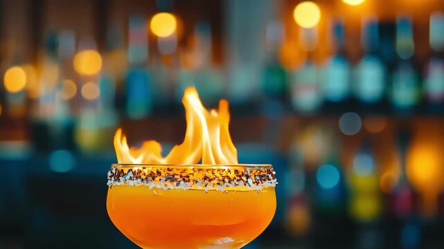 Dramatic flaming cocktail in a sugar-rimmed glass, bar setting, vibrant and exciting.
