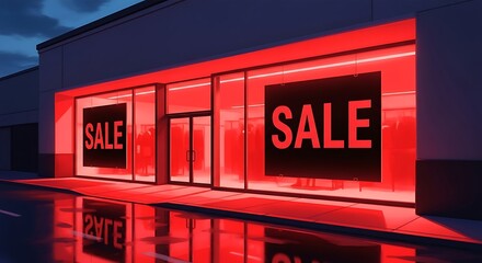 Black Friday Sale Event Storefront with Red Glowing Windows and Reflections on Wet Ground