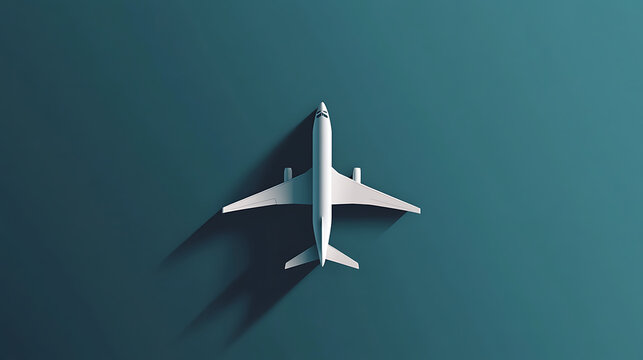 A minimalist airplane on a deep teal background, casting a long shadow. The plane symbolizes travel and the excitement of exploring new destinations, emphasizing freedom and journeys.