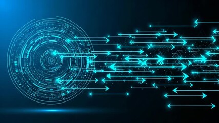 Abstract futuristic digital technology concept glowing blue circular interface arrows moving forward on dark background - Powered by Adobe