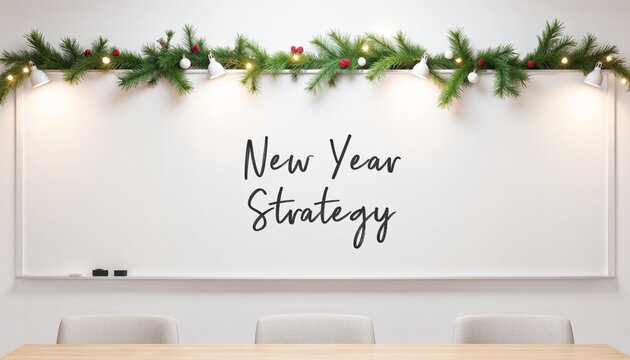 Whiteboard with “New Year Strategy” message decorated with festive greenery garland and warm lights in a bright modern office
