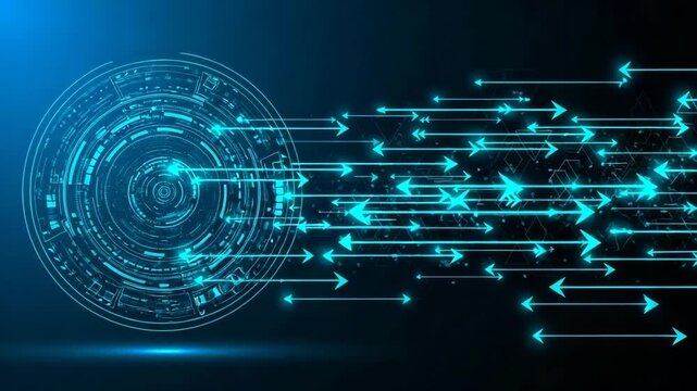 Abstract futuristic digital technology concept glowing blue circular interface arrows moving forward on dark background - Powered by Adobe