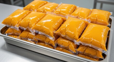 Bright orange puree pouch bags arranged on a metal tray in a commercial kitchen ready for storage and use