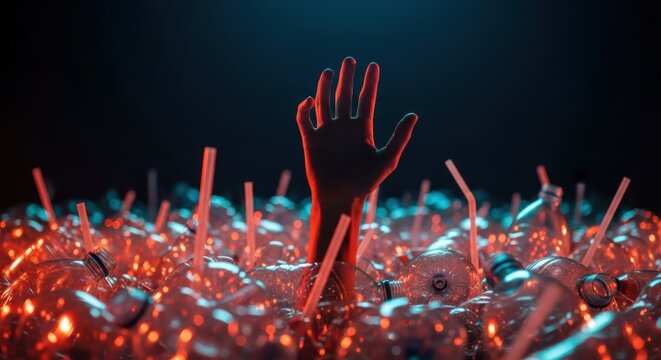 A solitary hand rises above a sea glowing red lights and luminous orbs conveying urgency danger and a plea for help within a dark surreal environment
