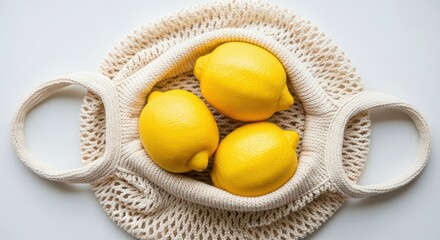 Three vibrant lemons in handmade mesh tote bag