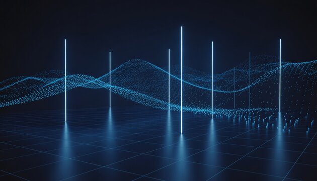 Dynamic blue particles form an abstract data wave beneath sleek futuristic neon lights on a grid floor, representing technology and innovation. - Powered by Adobe