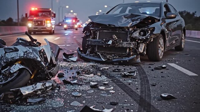 Severe traffic accident scene featuring a wrecked motorcycle on the road, symbolizing road safety hazards, vehicle collision impact, and emergency response situations