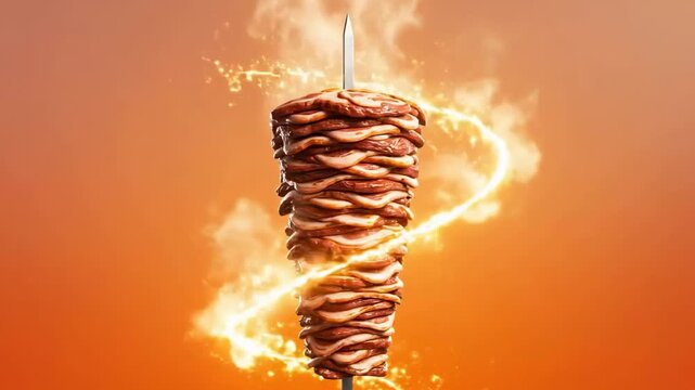 Captivating rotating grilled meat skewer, radiating a golden fiery glow, showcasing sizzling flavor and culinary expertise against a vibrant, warm background, ideal for food advertisements