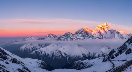 Stunning snow-capped mountains at sunrise, golden light on peaks