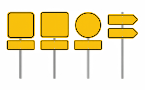 Yellow sign blank road sign street sign direction sign traffic sign blank signpost metal post signage on transparent background
