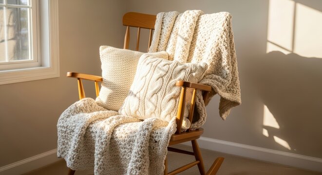 Cozy wooden rocking chair with knitted blankets and cushion in sunlit room - Powered by Adobe