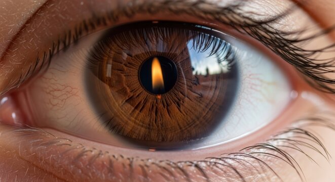 Close-up a human eye with a brown iris detailed texture reflection in pupil and visible eyelashes