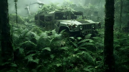 Destroyed ruins abandoned buildings apocalypse scene of city. A vivid portrayal of a military Humvee amidst a lush, verdant forest.