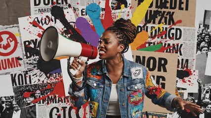 Creative collage of an individual holding a megaphone, symbolizing marketing communication, public announcements, promotional campaigns, and brand messaging in a dynamic visual concept