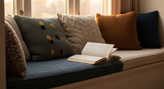 Cozy window seat with knitted cushions and open book in warm sunlight - Powered by Adobe
