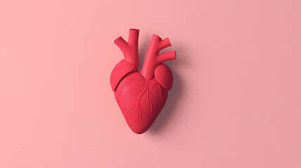 A heart model shown against a light pink background. Heart represents love, affection, emotions, and cardiac health. Anatomy for medical and health concepts.