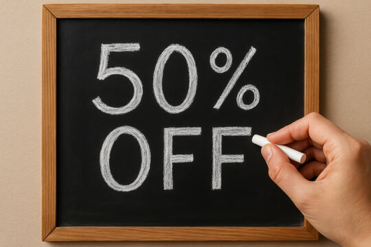 Promotional chalkboard sign advertising discount offer with 50% off wording drawn in white chalk