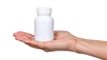 Hand holding white plastic pill bottle isolated on transparent background