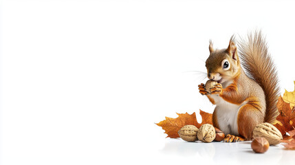 Cute squirrel sitting on autumn leaves, holding walnut, surrounded by nuts. scene captures essence of fall and nature bounty