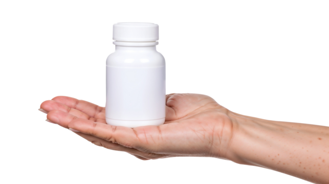Hand holding white plastic pill bottle isolated on transparent background