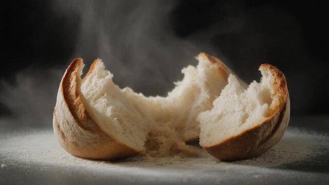 Freshly Baked bread, warm and inviting, has been torn apart