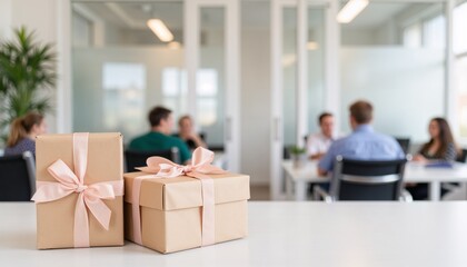 Holiday gift boxes with soft pink ribbons placed on a white desk in a modern office while team members meet in background