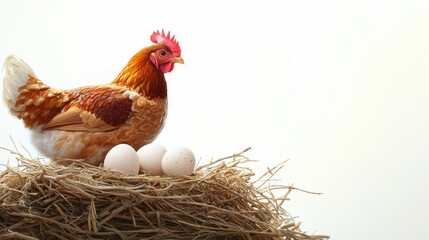 Hen stands proudly on nest of straw, surrounded by three white eggs, symbolizing fertility and new beginnings