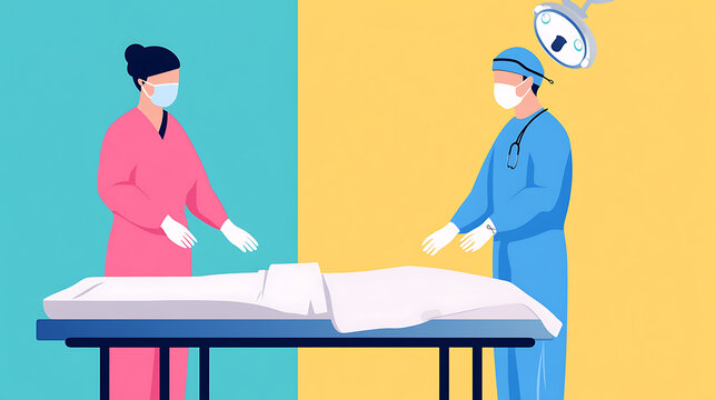 Medical staff in a hospital operating room preparing for surgery.  The medical staff are wearing surgical attire and masks and gloves while the operating table is ready for the patient.