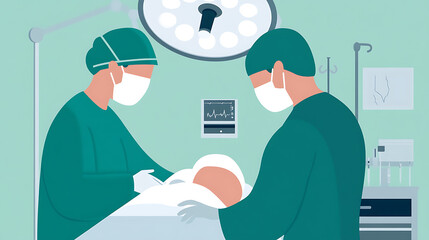 Illustration of surgeons performing surgery. Two healthcare professionals wearing scrubs and masks work under bright surgical lighting, assisted by a monitor with vital signs.