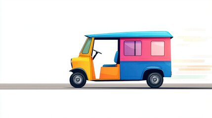 Colorful auto rickshaw illustration in motion, showcasing vibrant design and playful style, perfect for transportation themes