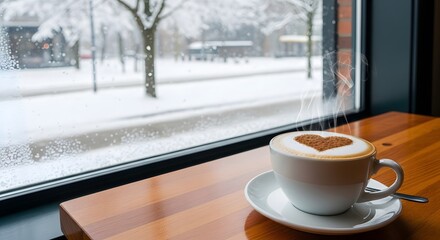 Cozy coffee with heart design on snowy day outside window