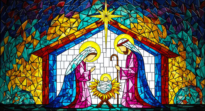 Colorful stained glass mosaic window Nativity scene depicting the Holy Family and the Birth of Jesus. Christmas, religious illustration, holiday season greeting cards concept.

