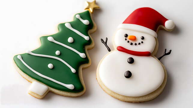 Festive Christmas Cookies: A whimsically decorated Christmas tree and snowman cookie, symbols of holiday joy, lay together on a plain backdrop, ready for a treat! - Powered by Adobe