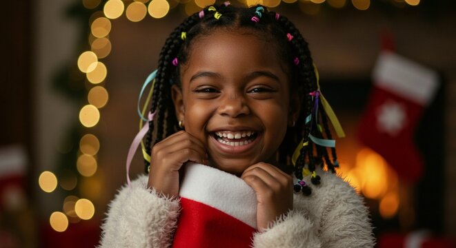 A happy young black girl with braided hair smiles brightly holding a christmas stocking in front of festive holiday lights - Powered by Adobe